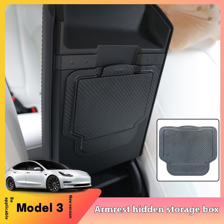 2024 Tesla Model 3 Highland's hidden center console storage box - armrest privacy storage tray