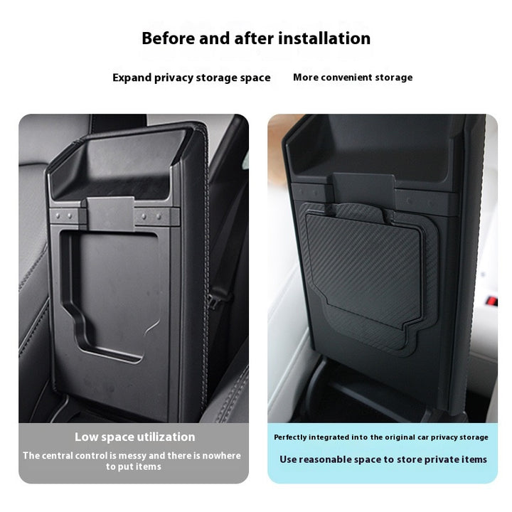 2024 Tesla Model 3 Highland's hidden center console storage box - armrest privacy storage tray