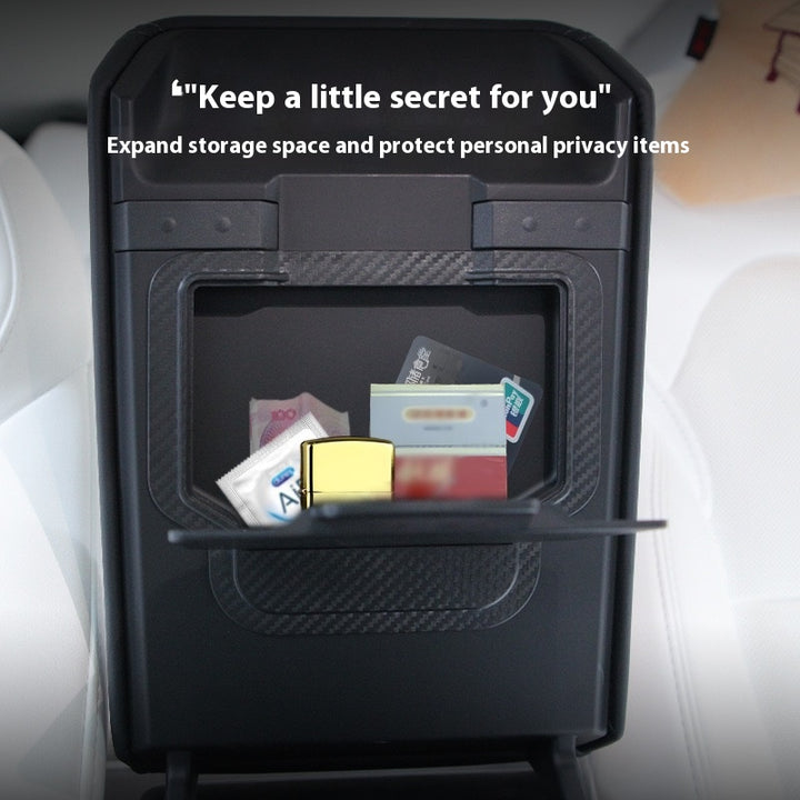 2024 Tesla Model 3 Highland's hidden center console storage box - armrest privacy storage tray