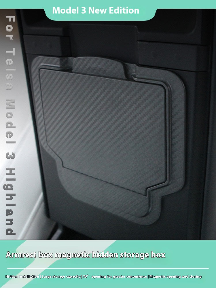 2024 Tesla Model 3 Highland's hidden center console storage box - armrest privacy storage tray