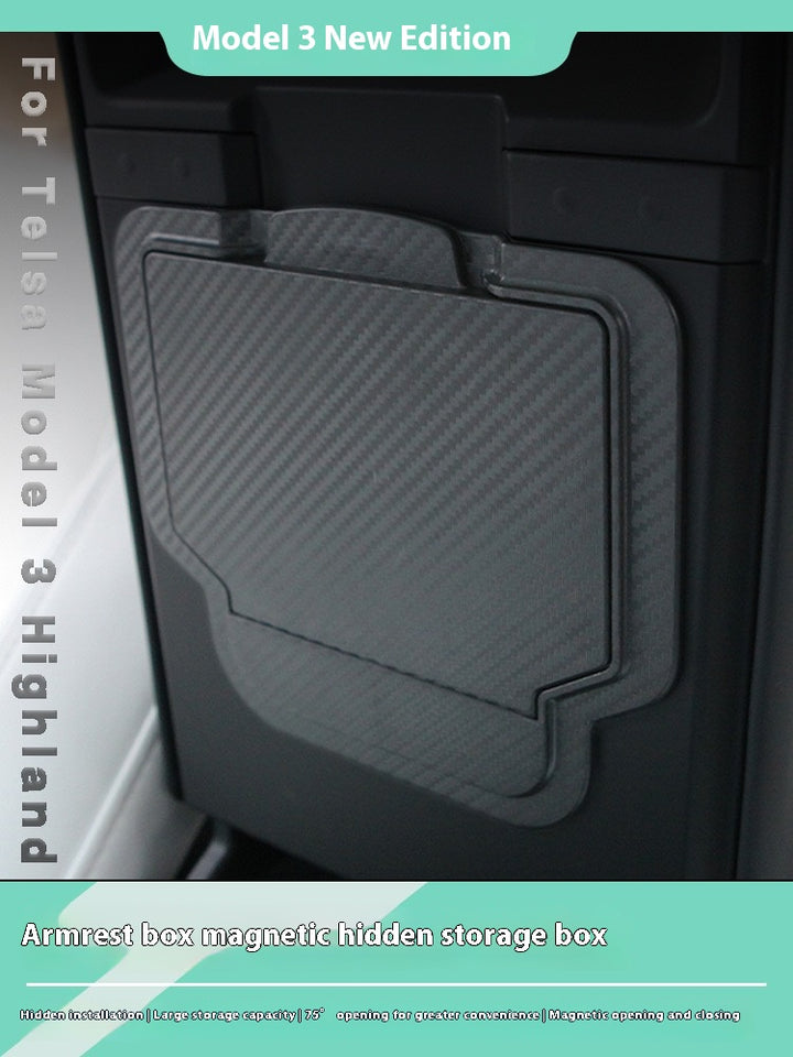 2024 Tesla Model 3 Highland's hidden center console storage box - armrest privacy storage tray