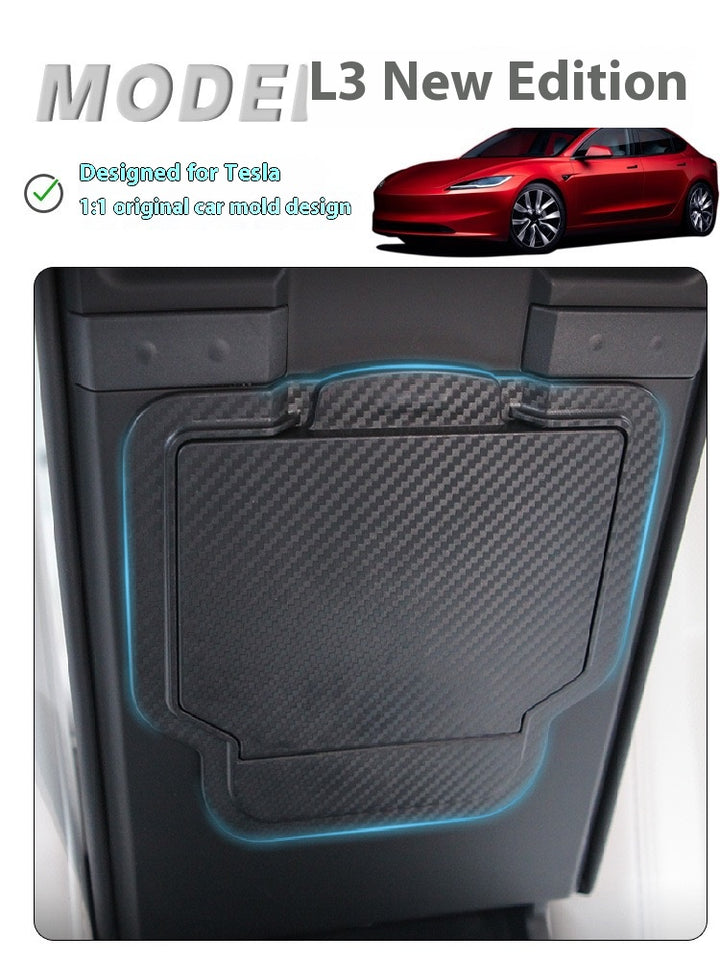 2024 Tesla Model 3 Highland's hidden center console storage box - armrest privacy storage tray
