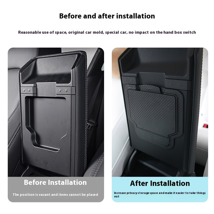 2024 Tesla Model 3 Highland's hidden center console storage box - armrest privacy storage tray
