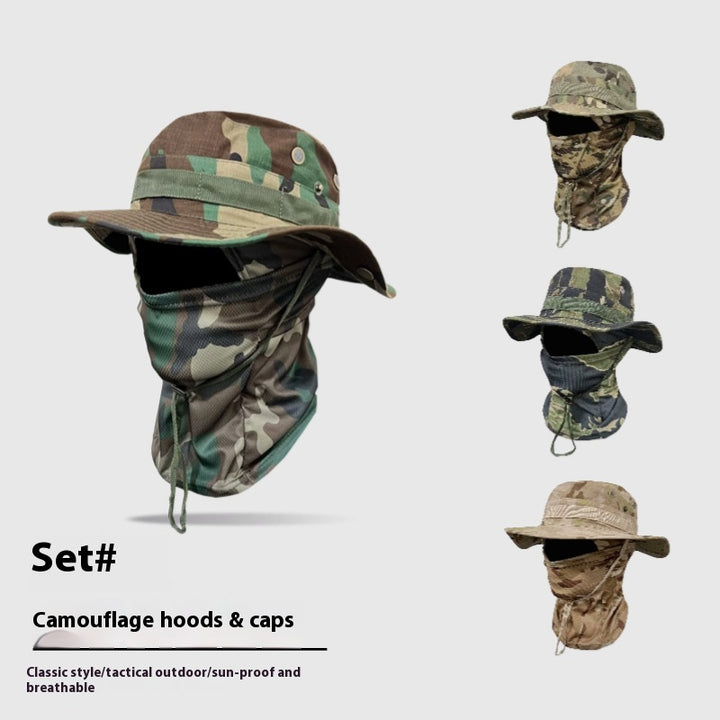 Camouflage Wide-Brim Boonie hat with Drawstring – Outdoor Hiking Fishing Bucket Hat Set – Windproof Sun Protection Cap for Travel, Trekking, and Camping