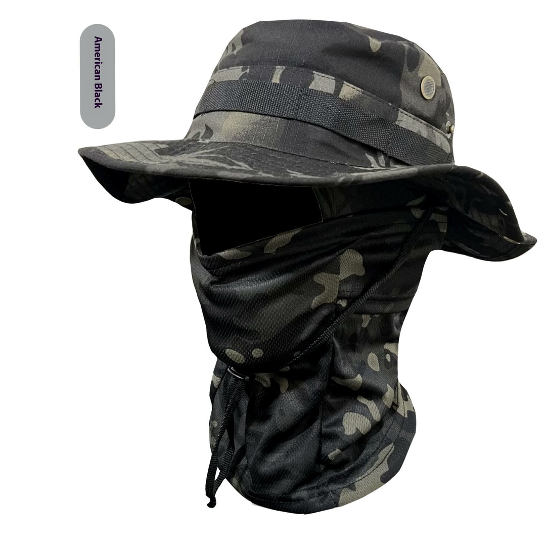 Camouflage Wide-Brim Boonie hat with Drawstring – Outdoor Hiking Fishing Bucket Hat Set – Windproof Sun Protection Cap for Travel, Trekking, and Camping