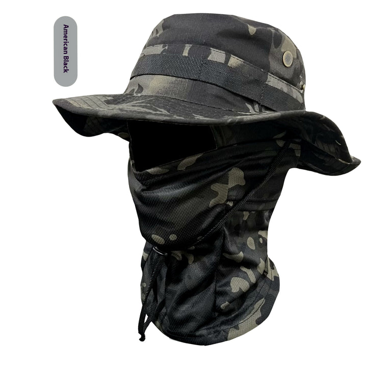 Camouflage Wide-Brim Boonie hat with Drawstring – Outdoor Hiking Fishing Bucket Hat Set – Windproof Sun Protection Cap for Travel, Trekking, and Camping