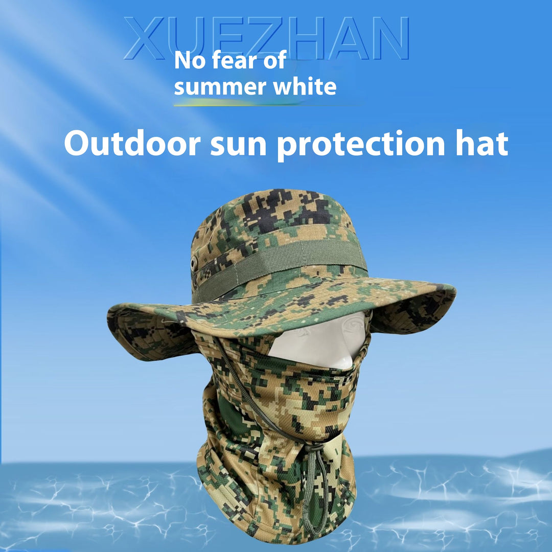 Camouflage Wide-Brim Boonie hat with Drawstring – Outdoor Hiking Fishing Bucket Hat Set – Windproof Sun Protection Cap for Travel, Trekking, and Camping