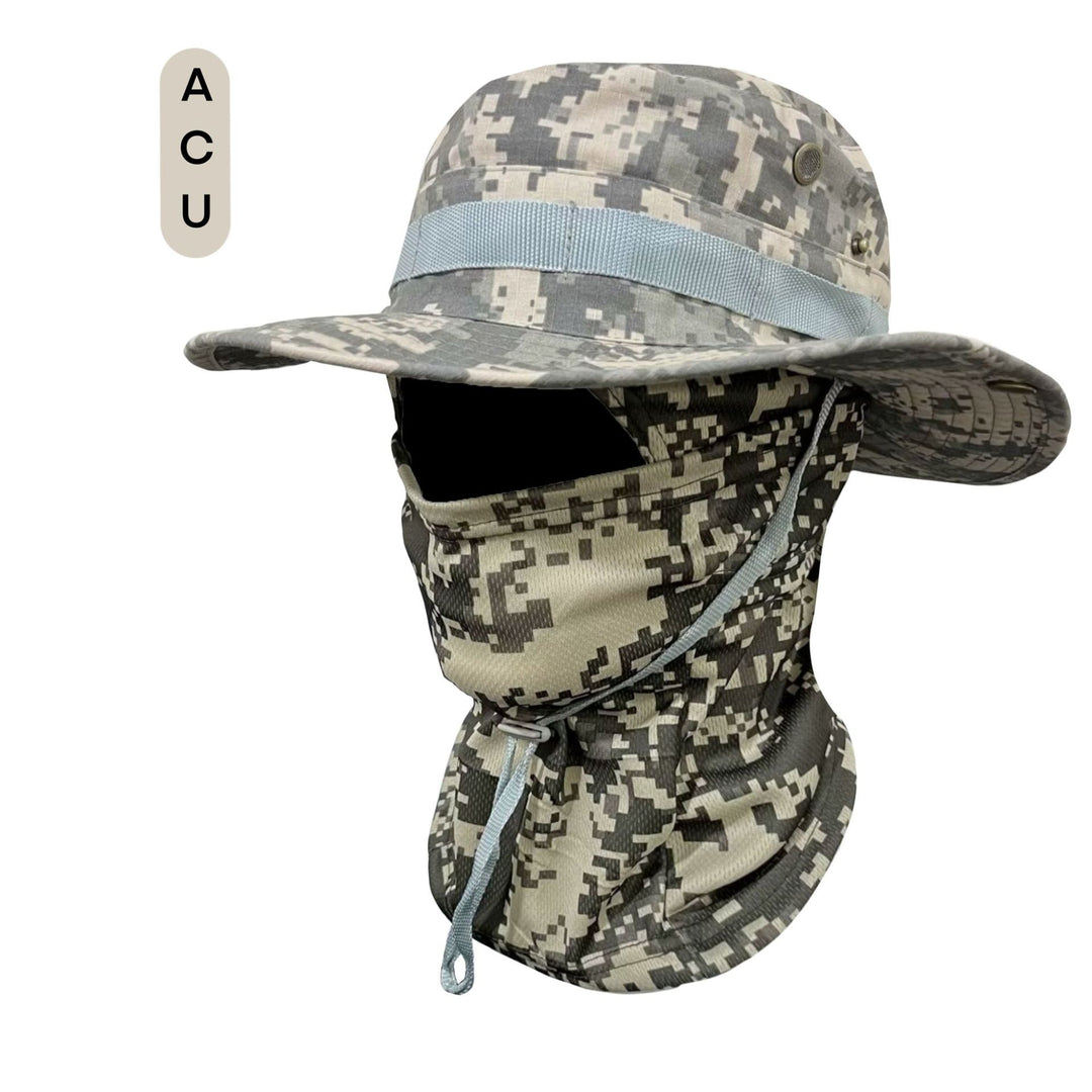 Camouflage Wide-Brim Boonie hat with Drawstring – Outdoor Hiking Fishing Bucket Hat Set – Windproof Sun Protection Cap for Travel, Trekking, and Camping