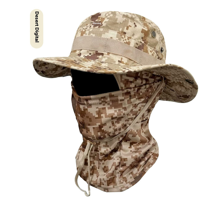Camouflage Wide-Brim Boonie hat with Drawstring – Outdoor Hiking Fishing Bucket Hat Set – Windproof Sun Protection Cap for Travel, Trekking, and Camping