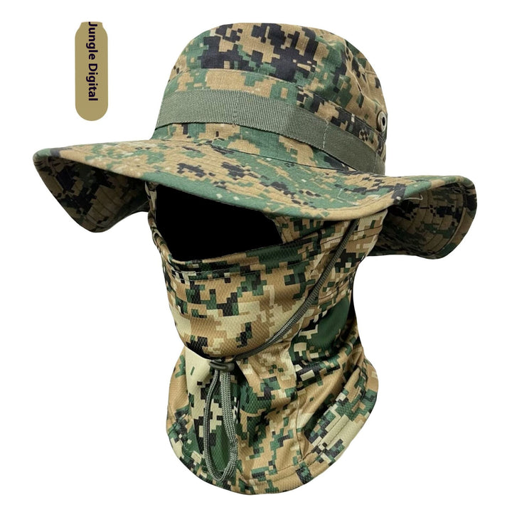 Camouflage Wide-Brim Boonie hat with Drawstring – Outdoor Hiking Fishing Bucket Hat Set – Windproof Sun Protection Cap for Travel, Trekking, and Camping